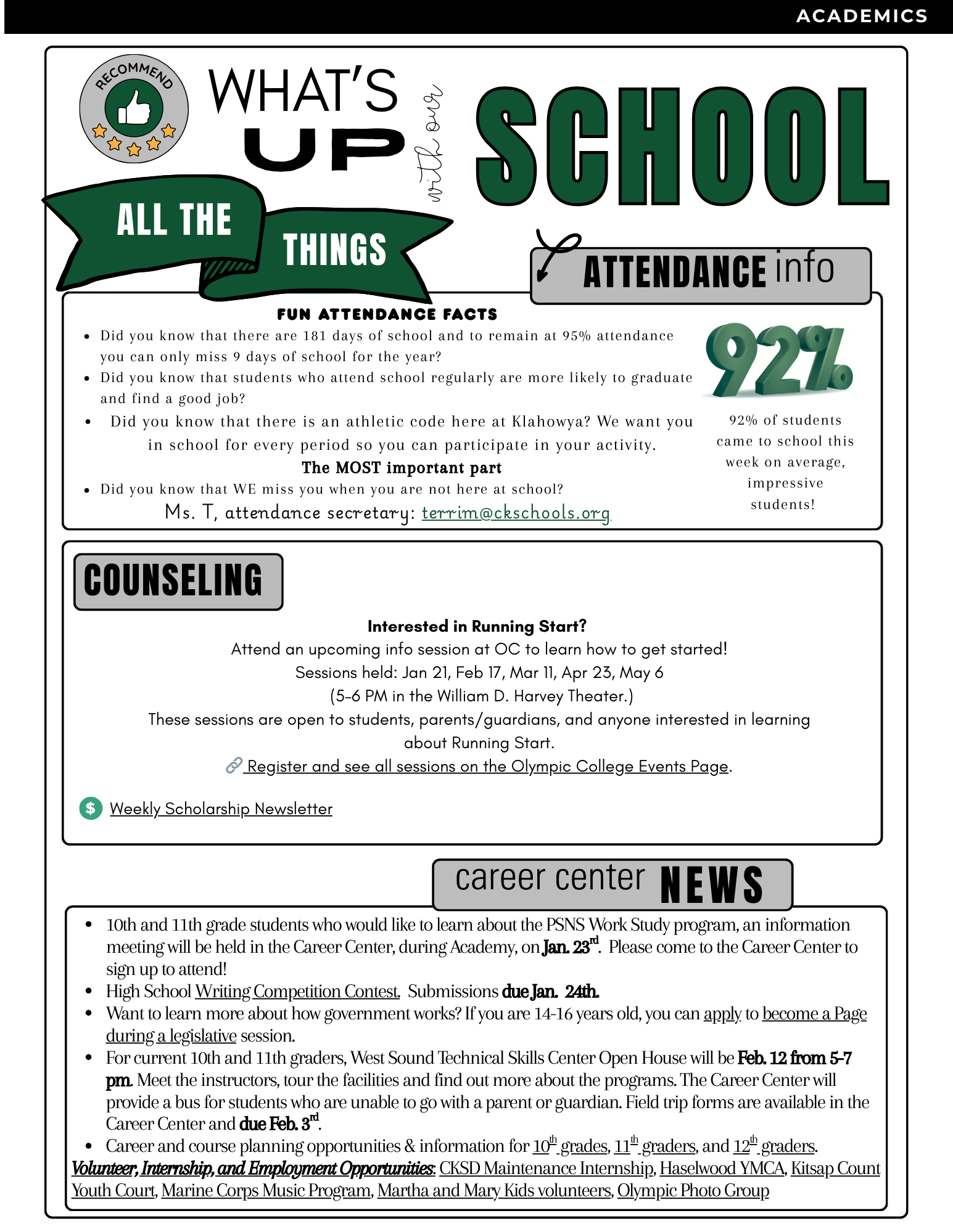 A school newsletter titled 'What's Up With Our School' features sections on attendance, counseling, and career center news.