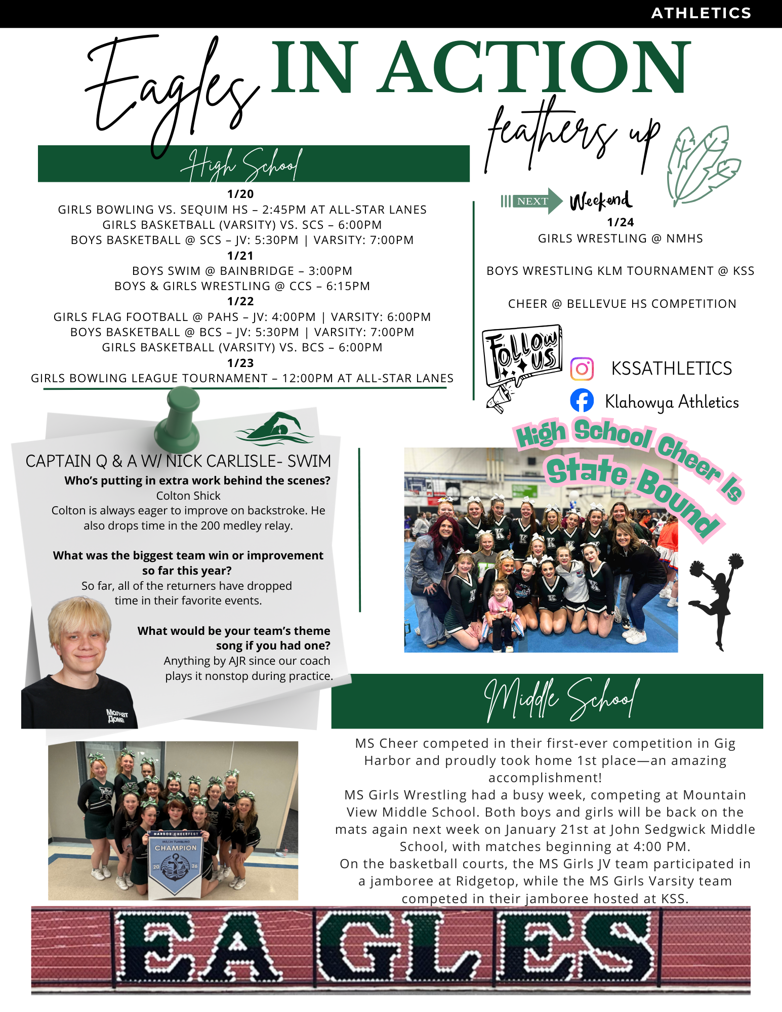 A collage of Klahowya Eagles athletics, featuring schedules, athlete spotlights, and team photos.