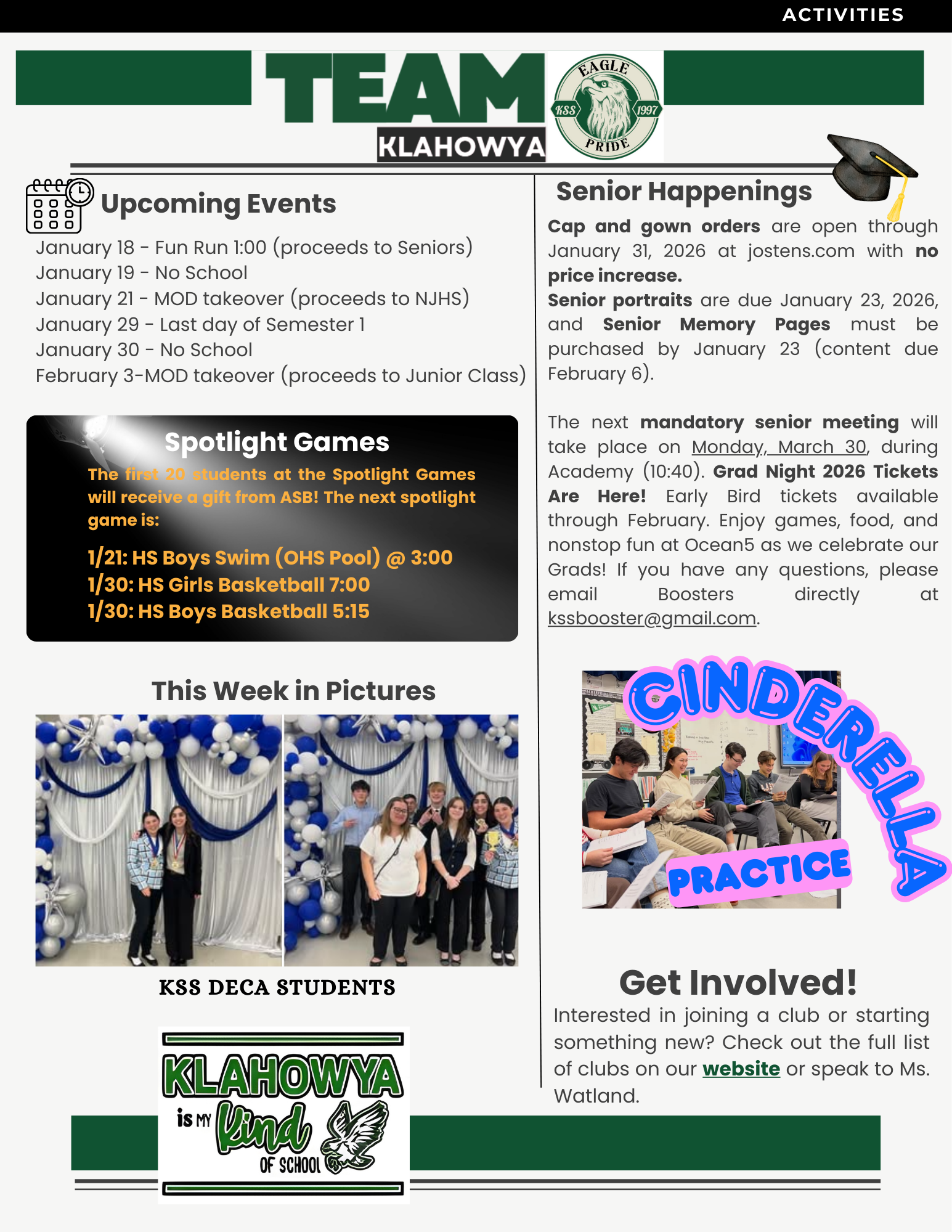 A school newsletter featuring upcoming events, senior happenings, spotlight games, and photos of students.