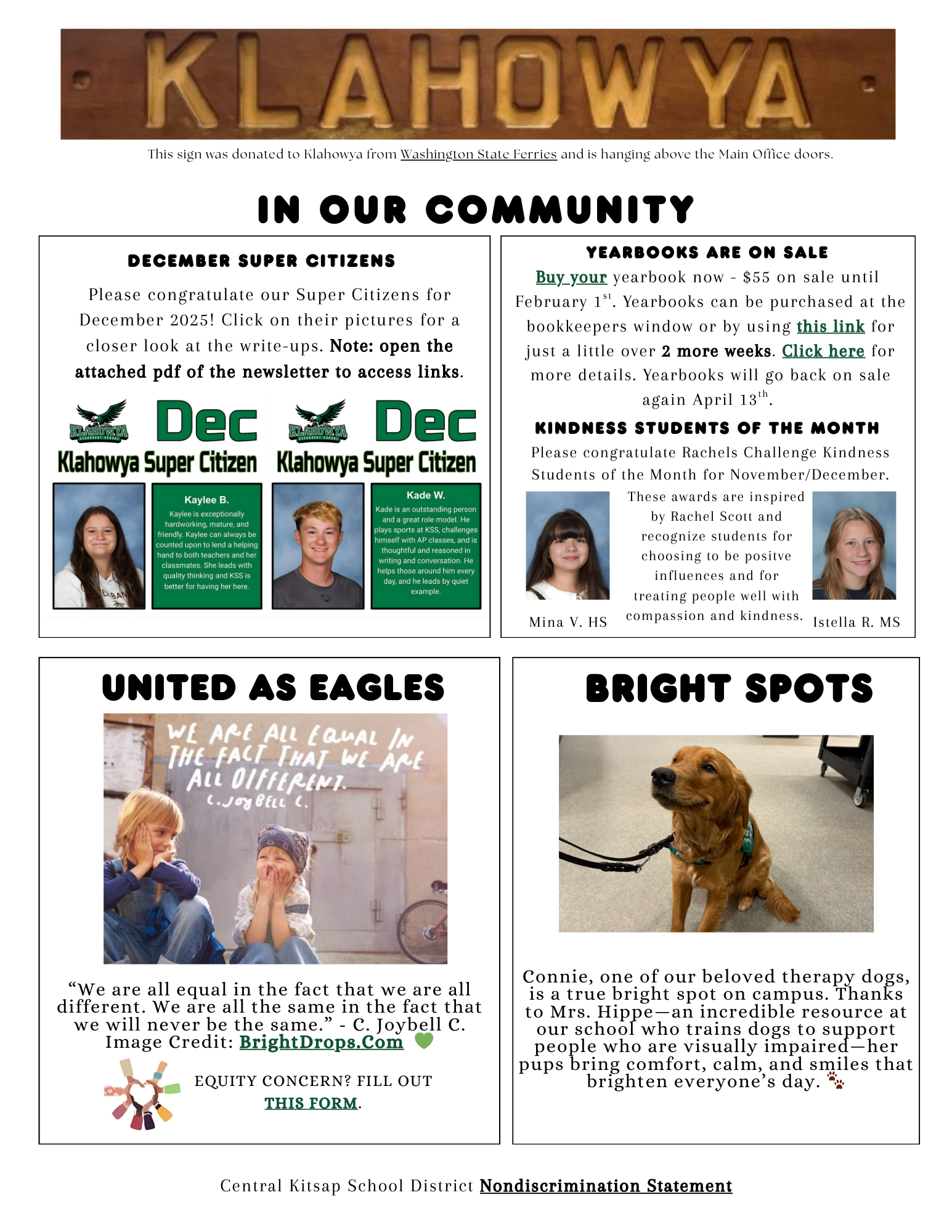 A newsletter page featuring community news, including December Super Citizens, yearbook sales, kindness students, and a therapy dog.