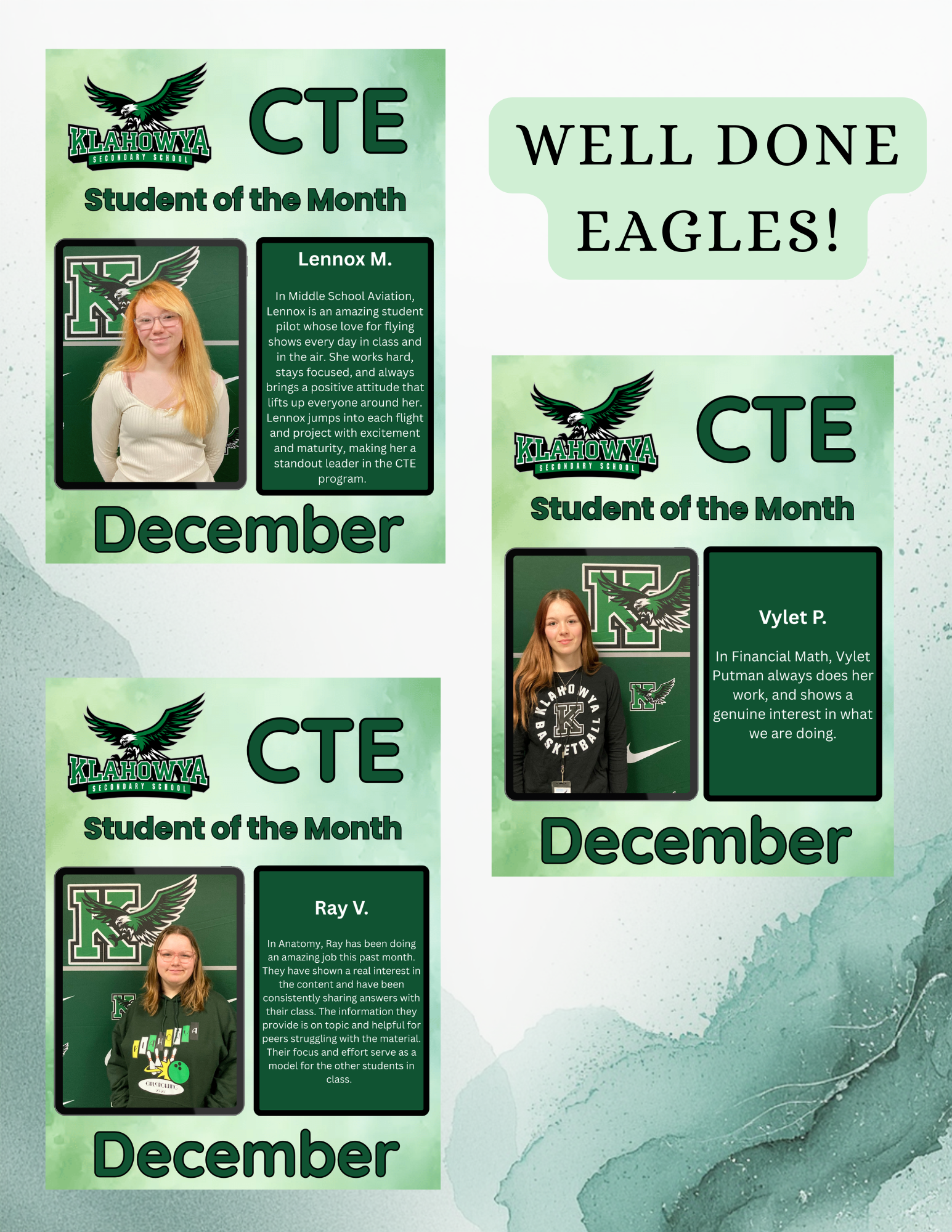 Klahowya Secondary School CTE Students of the Month for December: Lennox M., Vylet P., and Ray V.