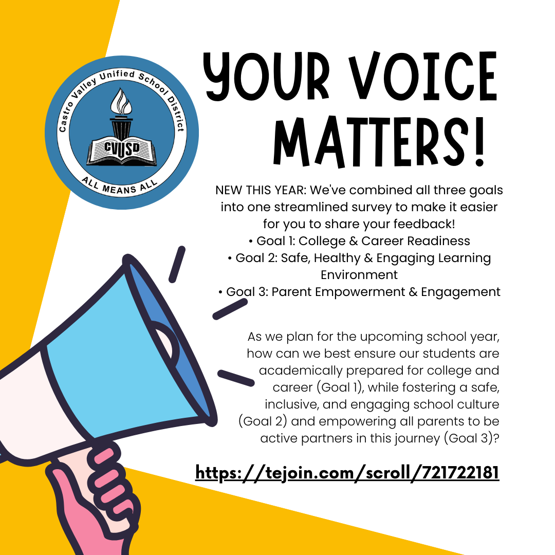 Illustration of a hand holding a megaphone with the text 'YOUR VOICE MATTERS!' and Castro Valley Unified School District logo.