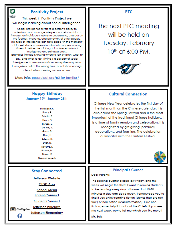 A newsletter with sections on Positivity Project, PTC meeting, Happy Birthday, Cultural Connection, Stay Connected, and Principal's Corner.