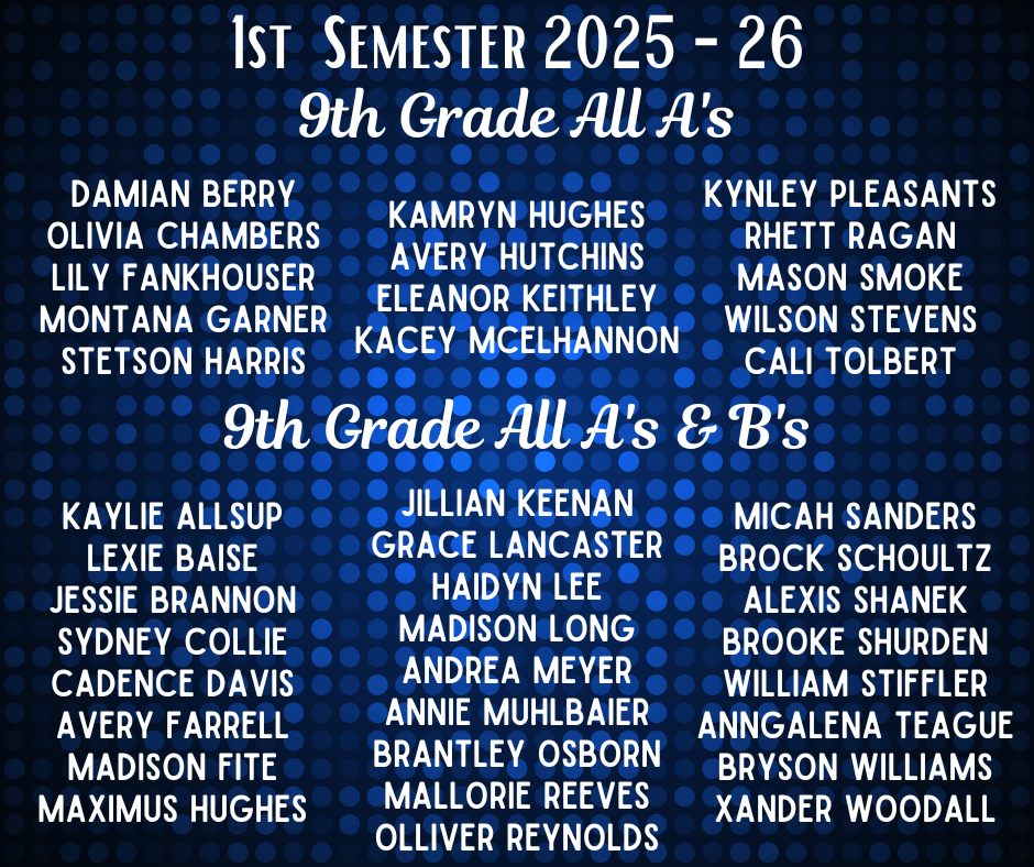 List of 9th-grade students achieving All A's for the 1st semester of 2025-26.