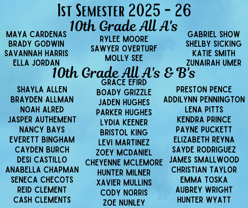 List of 10th-grade students achieving All A's for the 1st semester of 2025-26.