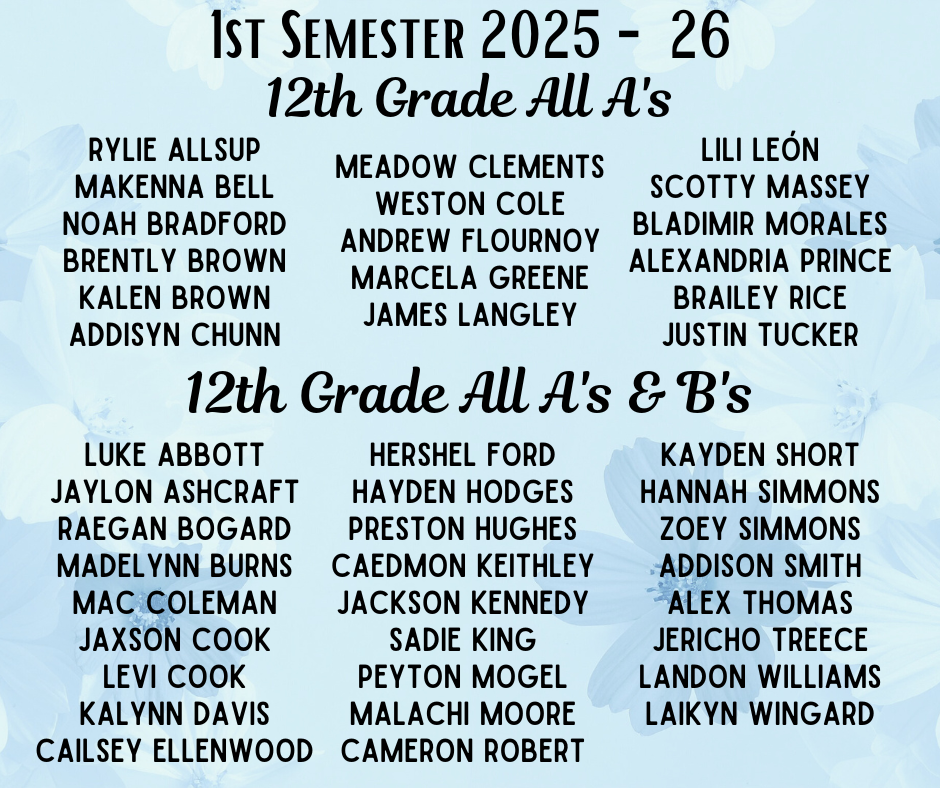 List of 12th Grade students achieving All A's for the 1st Semester of 2025-26.