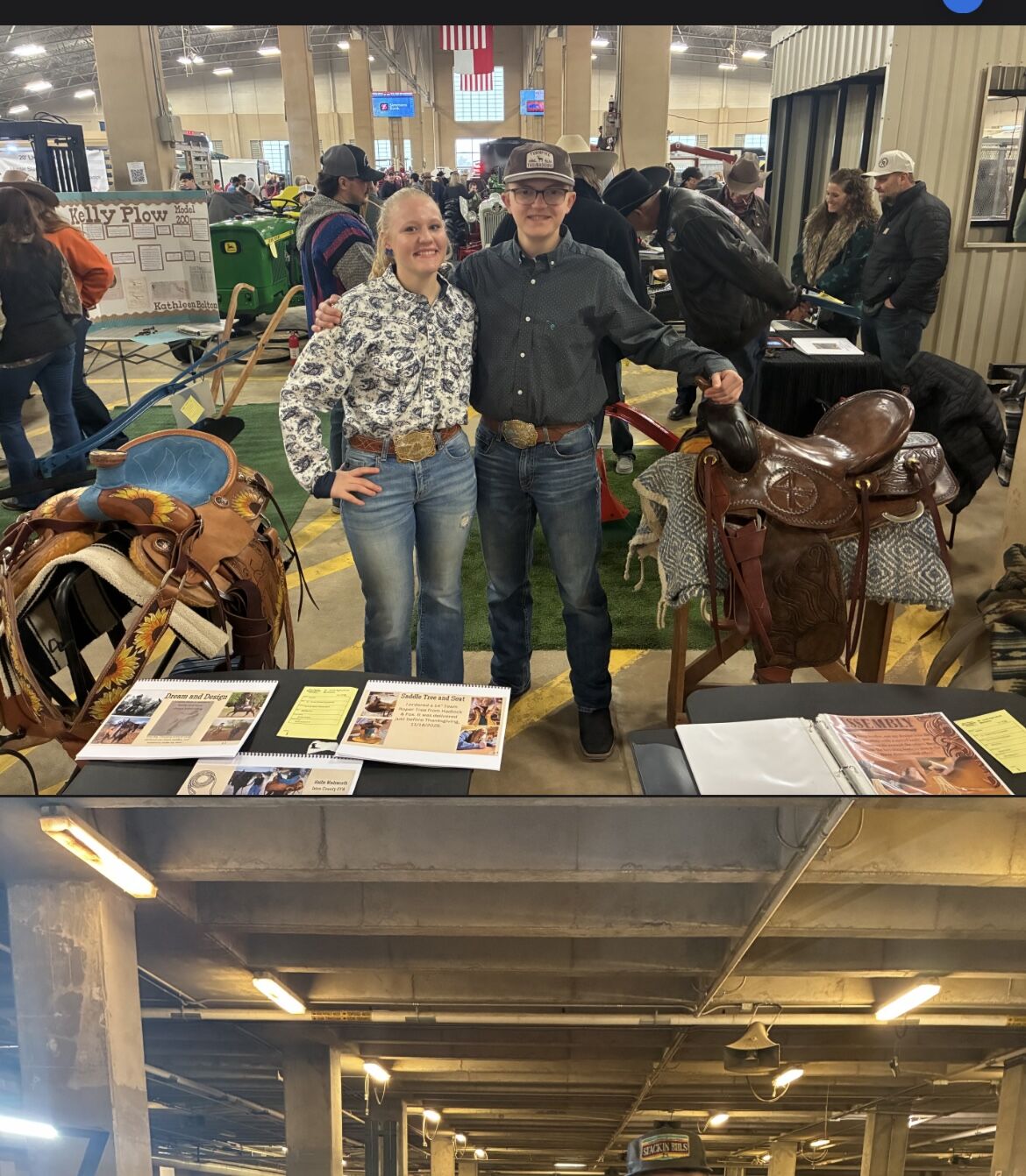 A young man and woman stand smiling in front of a display featuring saddles and informational pamphlets.