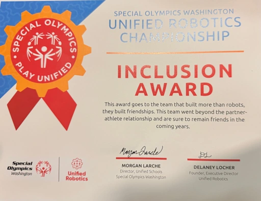a certificate of an inclusion award from unified robotics.
