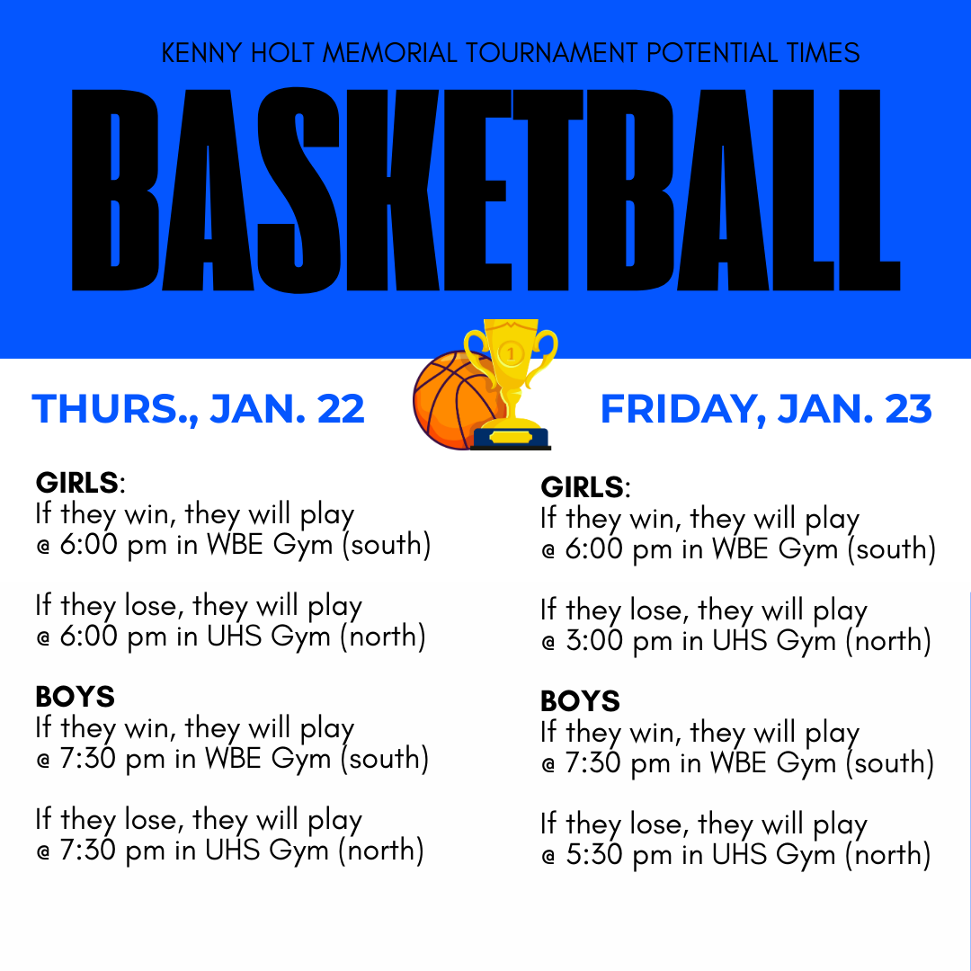 Basketball tournament schedule for Thursday, Jan. 22 and Friday, Jan. 23, listing game times for girls and boys teams based on wins or losses.