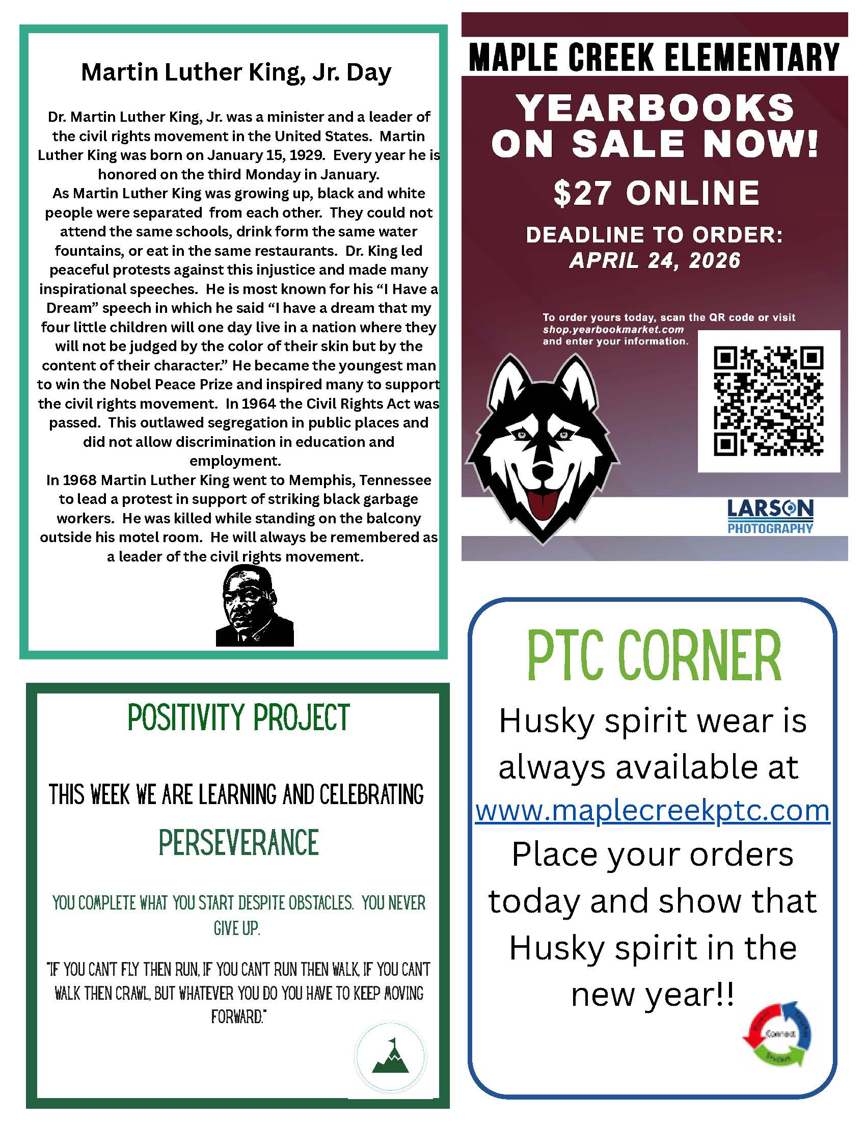A flyer with information about Martin Luther King Jr. Day, yearbook sales, and a positivity project on perseverance.