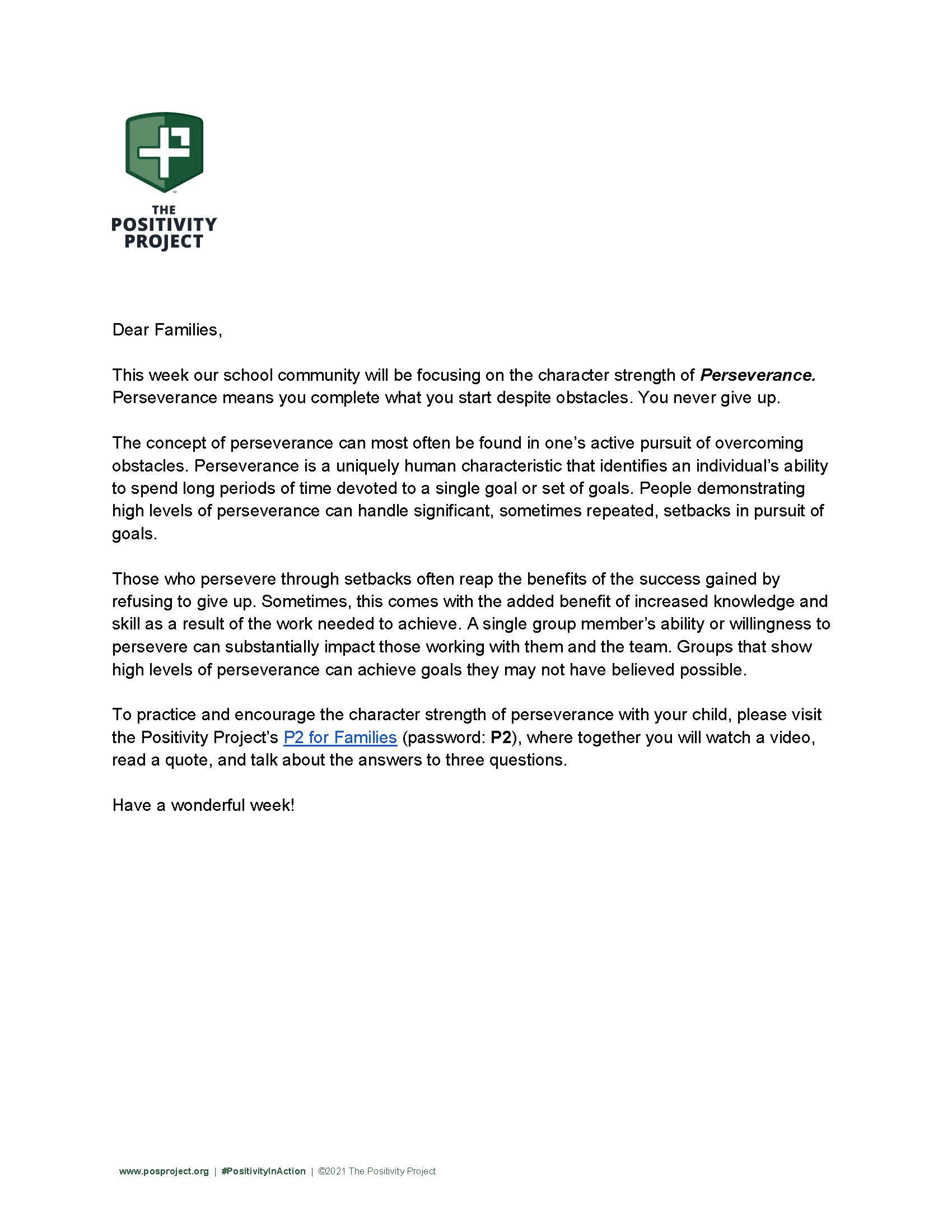 A letter from The Positivity Project discusses the character strength of perseverance.