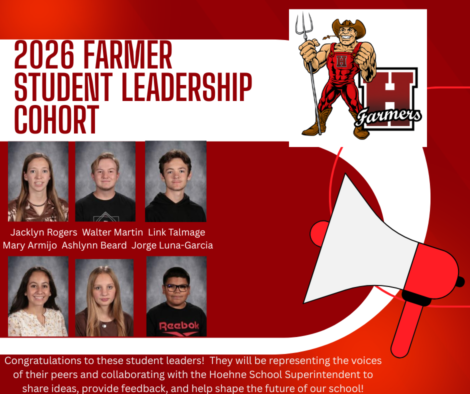 The 2026 Farmer Student Leadership Cohort is announced with photos of six students.