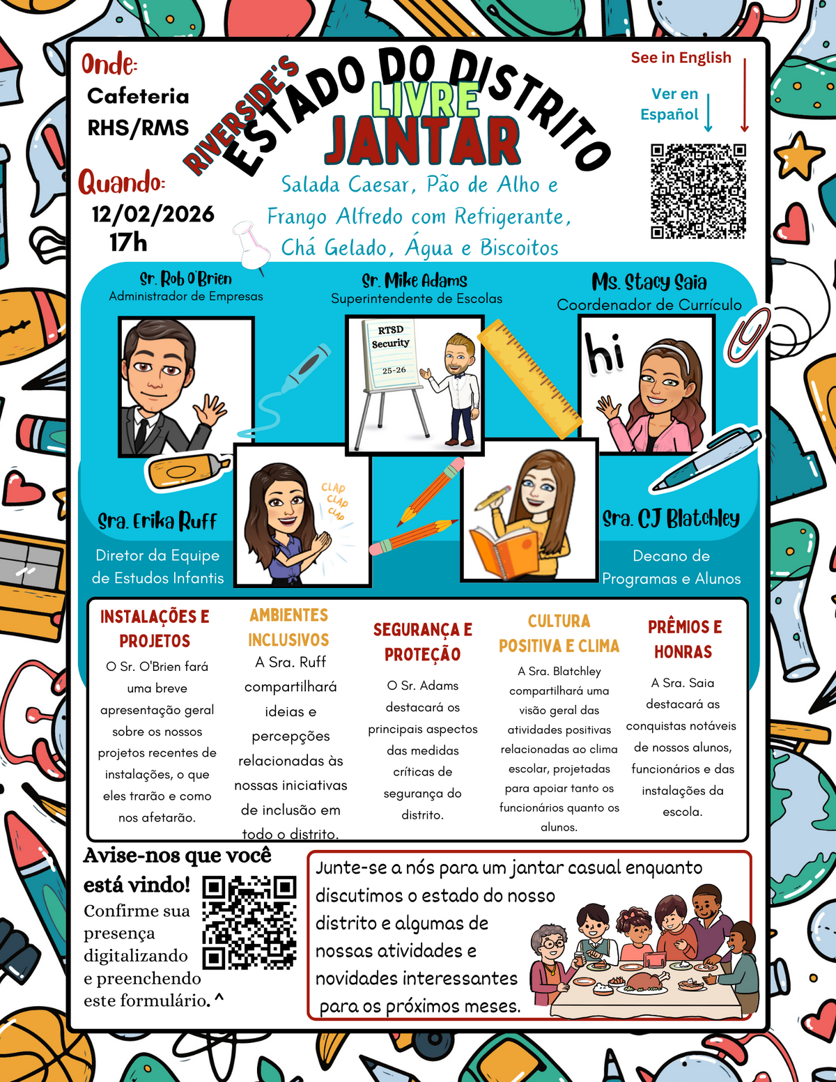 Poster announcing a "Riverside's Free District Dinner" on 12/02/2026 at 5 PM in the RHS/RMS Cafeteria, featuring speakers and topics like projects, inclusion, safety, culture, and awards.