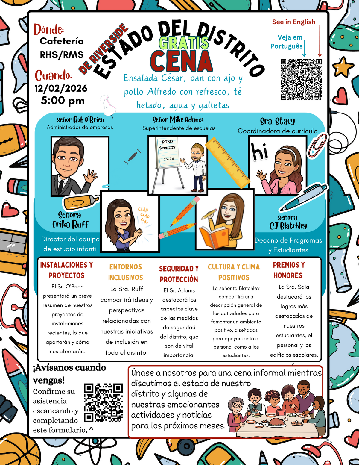 A flyer announces a free district dinner on 12/02/2026 at 5:00 PM in the RHS/RMS Cafeteria, featuring a menu of Caesar salad, garlic bread, chicken Alfredo, and more.
