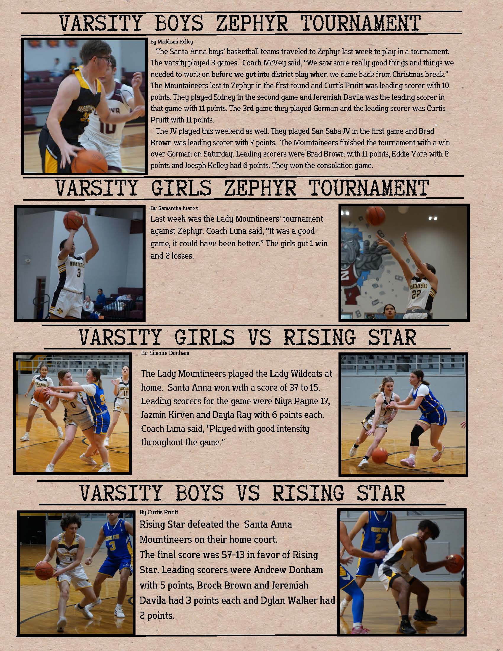 Two male basketball players in uniform are on a court, one dribbling a ball.