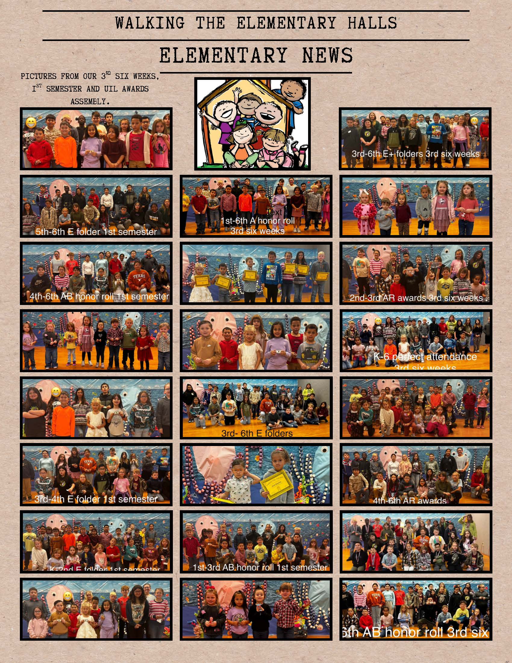 A collage of photos showcasing elementary school students receiving awards and participating in assemblies.