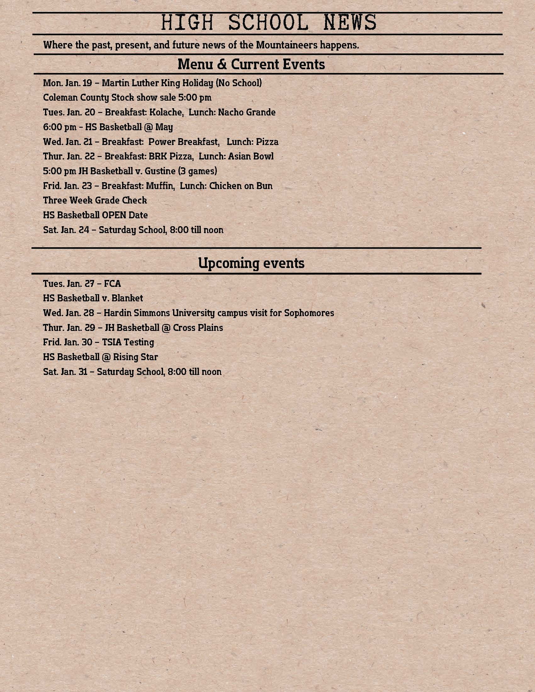 A document titled 'HIGH SCHOOL NEWS' lists 'Menu & Current Events' and 'Upcoming events' for January.