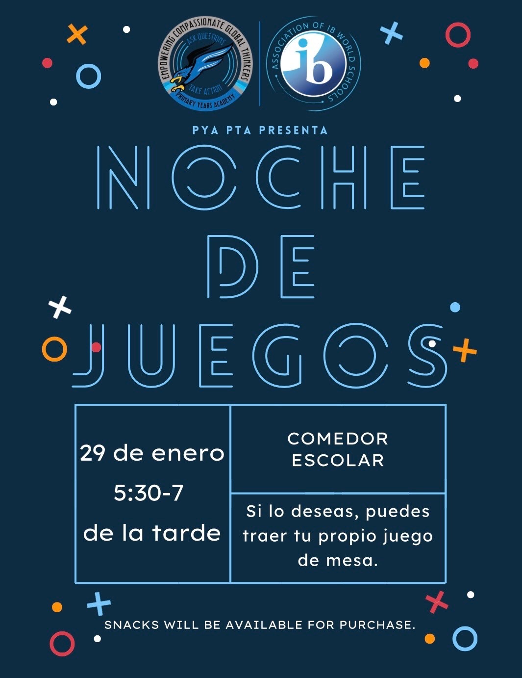 Poster announcing "Noche de Juegos" (Game Night) presented by PYA PTA, featuring event details and school logos.