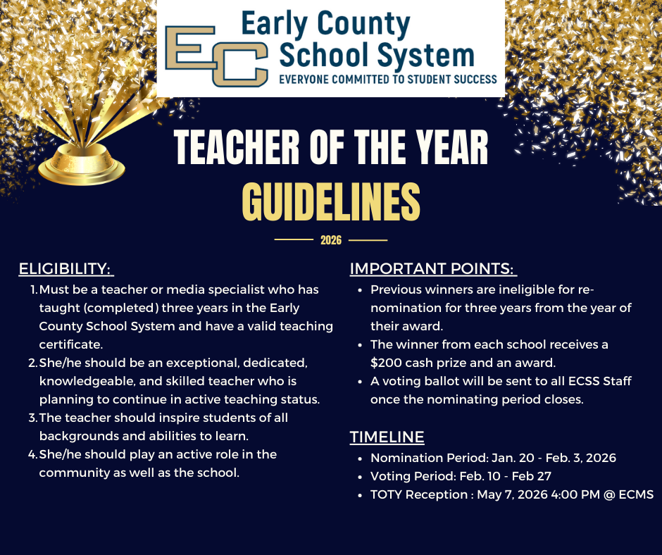Guidelines for the Early County School System's Teacher of the Year award for 2026.