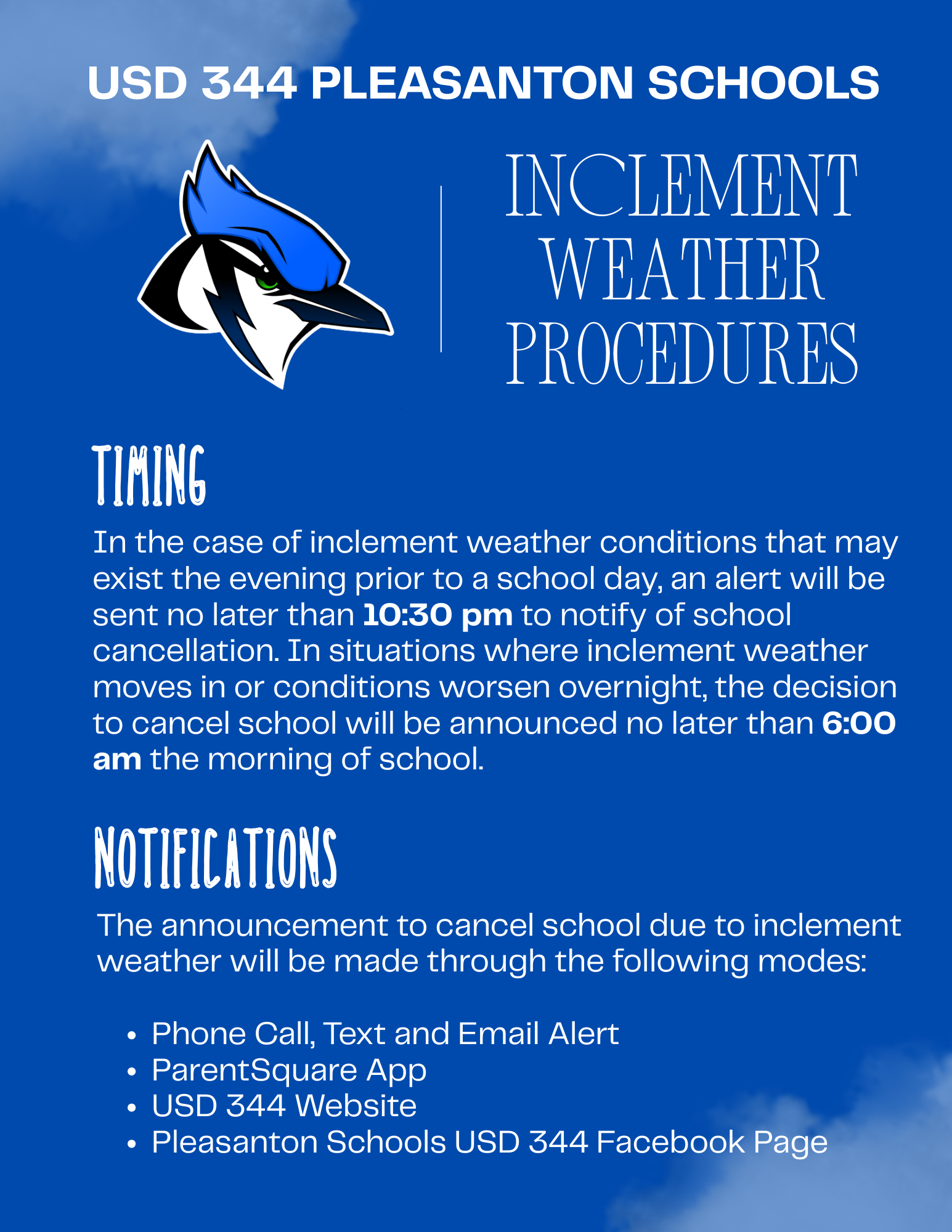 USD 344 Pleasanton Schools inclement weather procedures with a blue jay mascot.