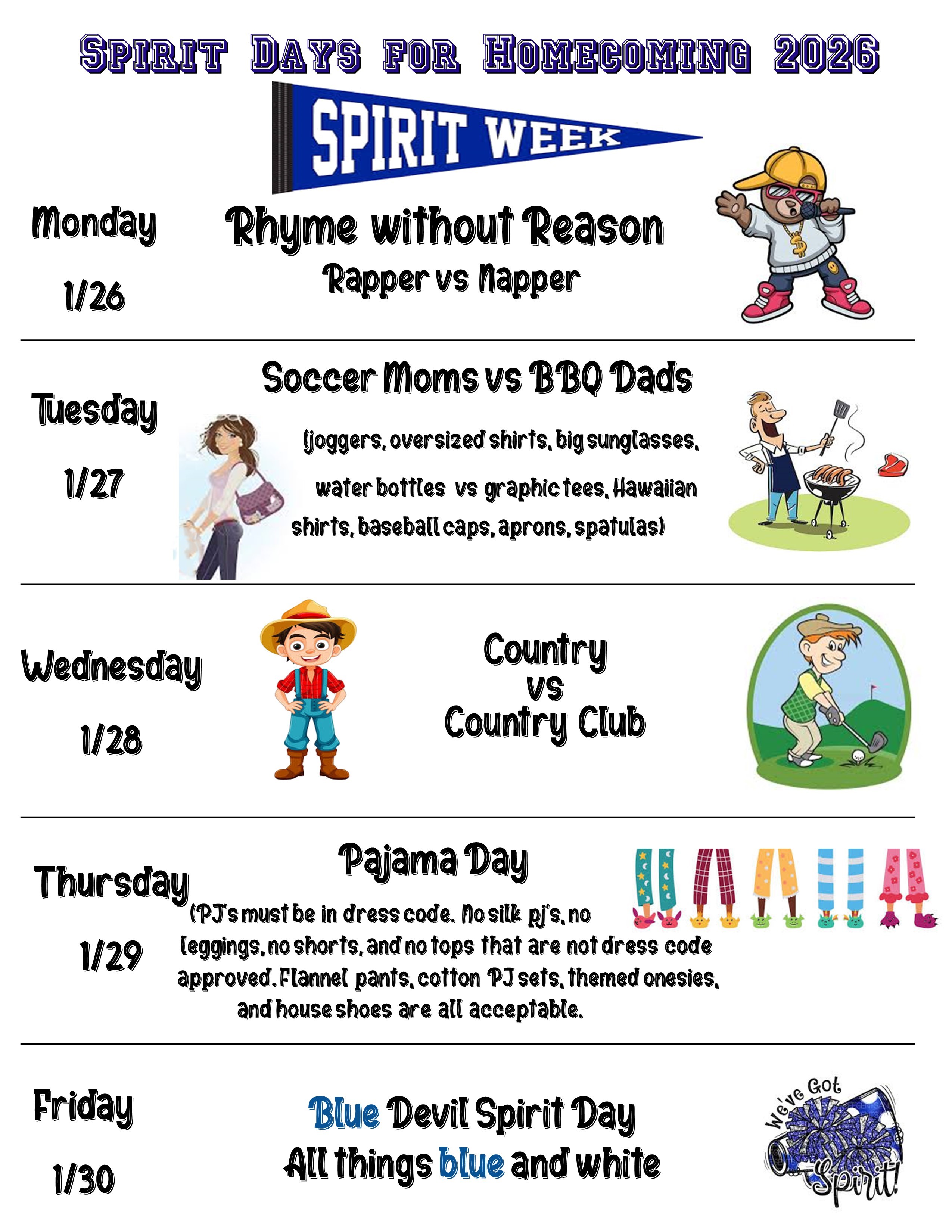 Spirit Days for Homecoming 2026: A week of themed dress-up days with illustrations.