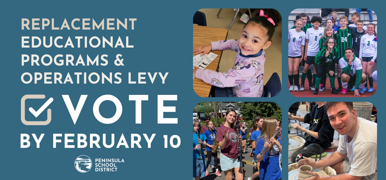 A graphic promoting the "Replacement Educational Programs & Operations Levy" with a "Vote By February 10" call to action, featuring images of students.
