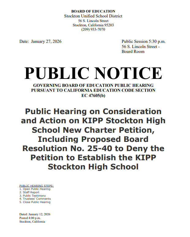 Public Notice of a Governing Board of Education Public Hearing on January 27, 2026, regarding a KIPP Stockton High School charter petition.