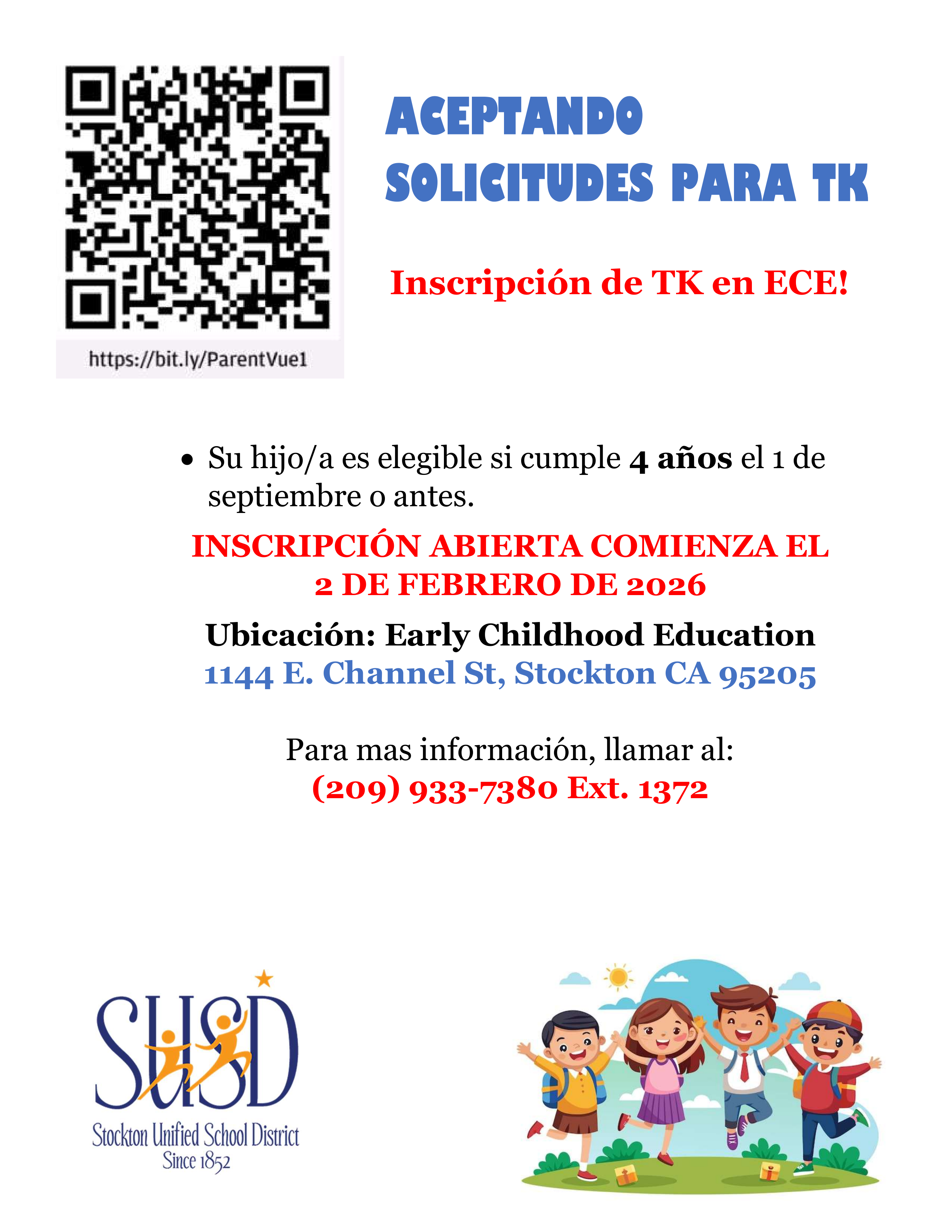 A flyer announces TK enrollment for Early Childhood Education (ECE) in Stockton, CA, with a QR code and website link.