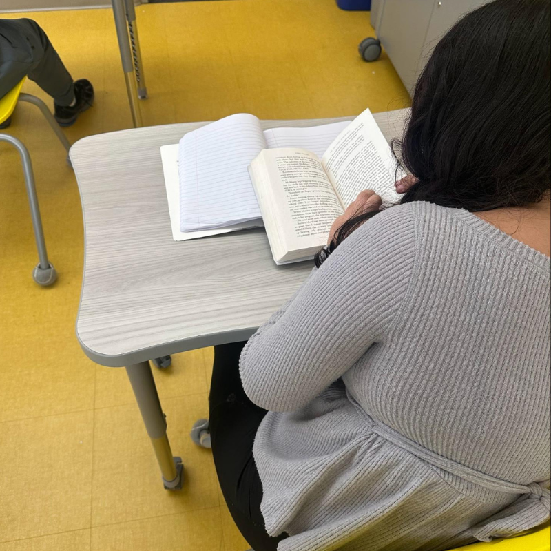 A student reads an open book at a desk in a classroom.