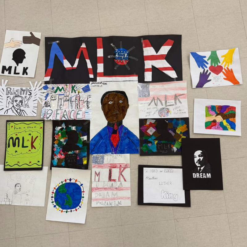 A collection of student artwork celebrating Martin Luther King Jr., featuring portraits, quotes, and symbols of peace and equality.