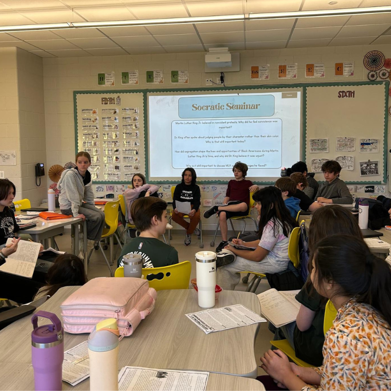Students participate in a Socratic Seminar discussion in a classroom, with questions about Martin Luther King Jr. displayed on a projector screen.