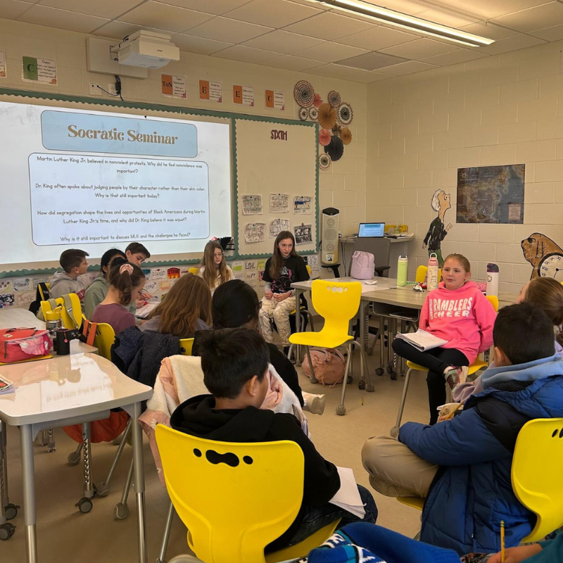 Students participate in a Socratic Seminar discussion in a classroom, with questions about Martin Luther King Jr. displayed on a projector screen.
