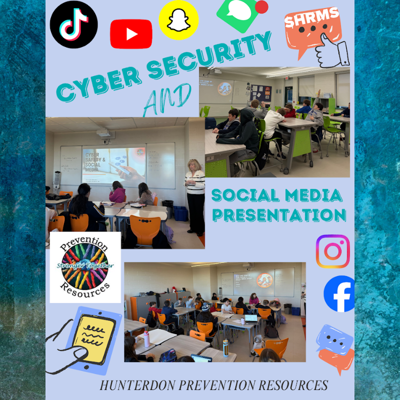 Collage of images showing a classroom presentation on Cyber Security and Social Media, with social media icons.