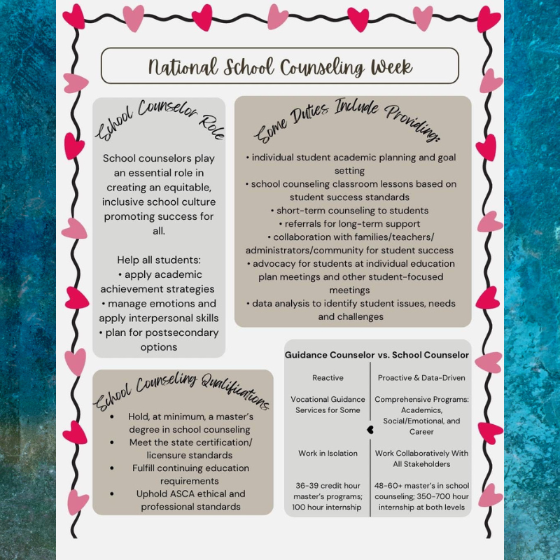 Infographic for National School Counseling Week detailing the role, duties, and qualifications of school counselors.