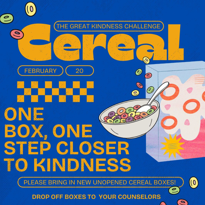 Poster for 'The Great Kindness Challenge' featuring cereal boxes and a bowl of colorful cereal rings.