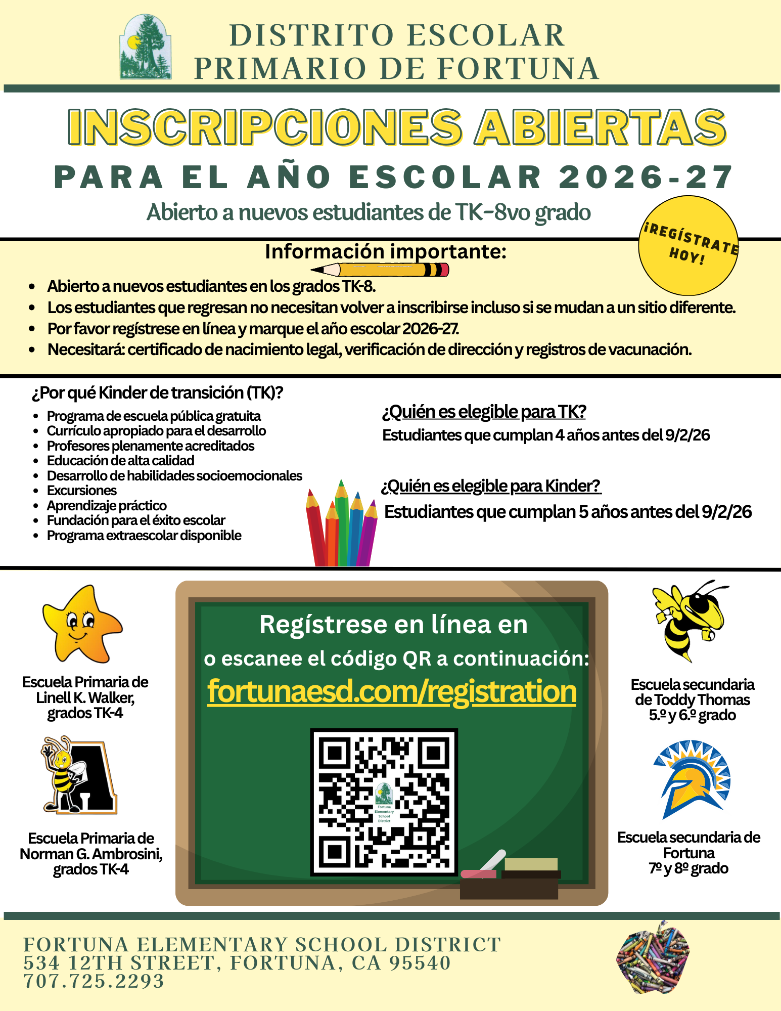 Poster for Fortuna Primary School District announcing open enrollment for the 2026-27 school year for TK-8th grade students.