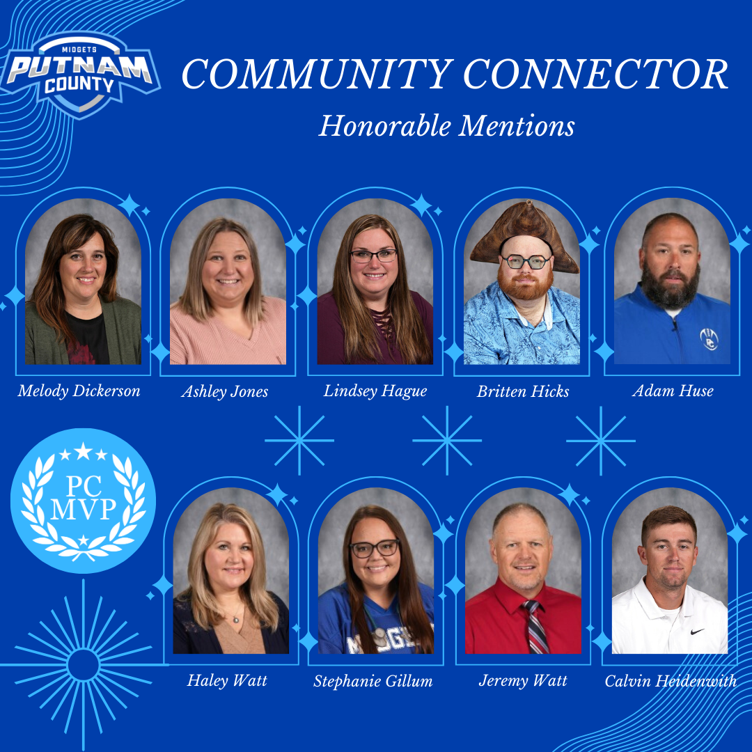 blue background with 9 people smiling as they are featured for being honorable mentions for being community connectors