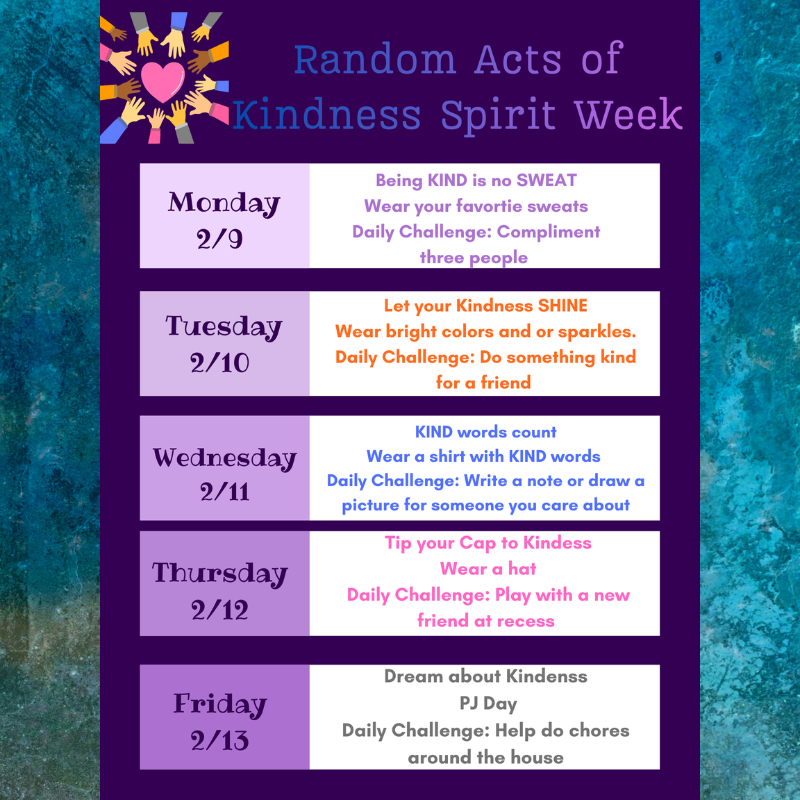 A graphic displays the schedule for 'Random Acts of Kindness Spirit Week' with daily themes and challenges.
