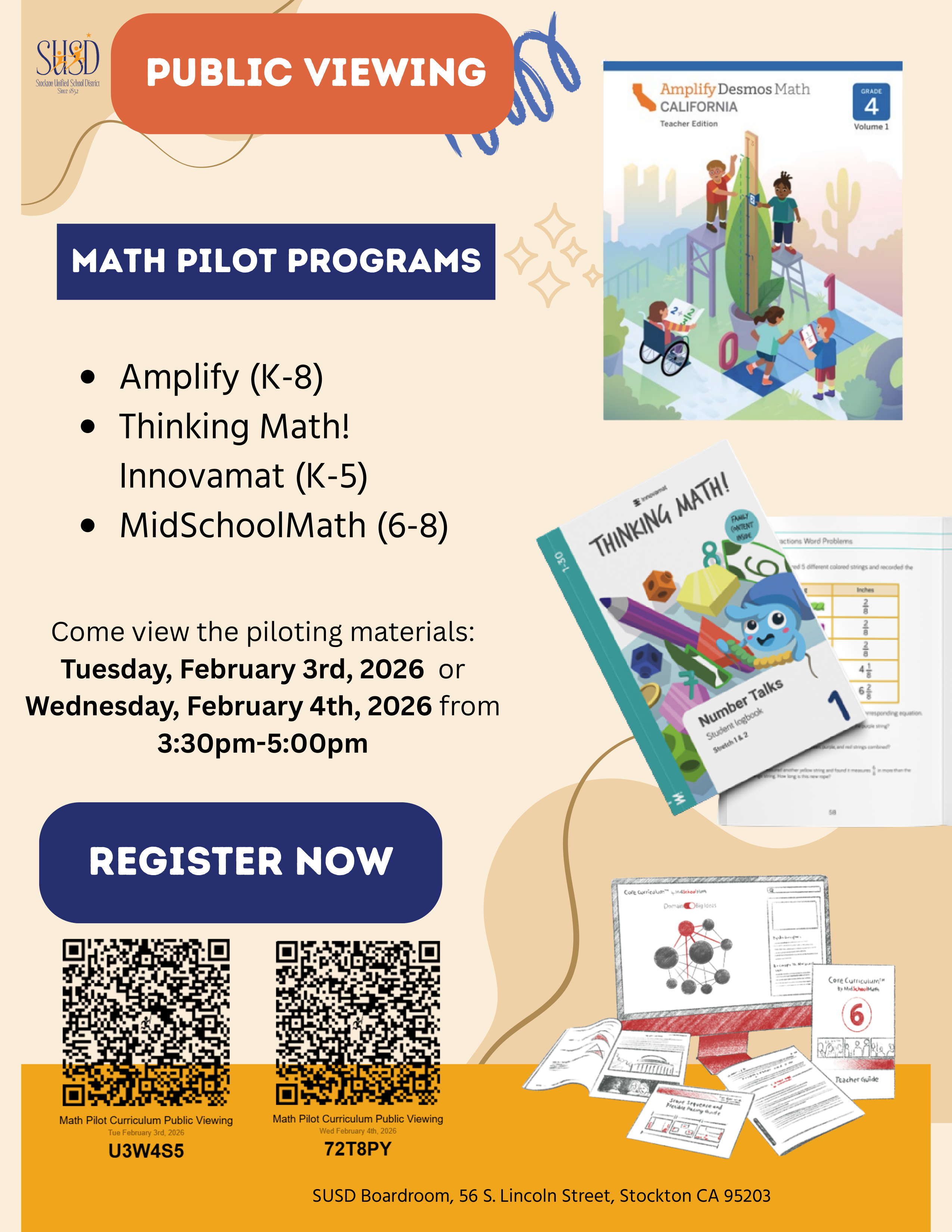 Public viewing event for Math Pilot Programs at SUSD, featuring Amplify Desmos Math California.