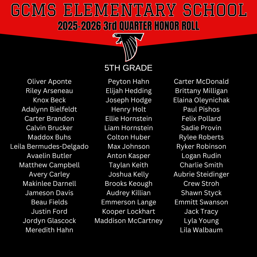 GCMS Elementary School 2025-2026 3rd Quarter Honor Roll for 5th Grade students.