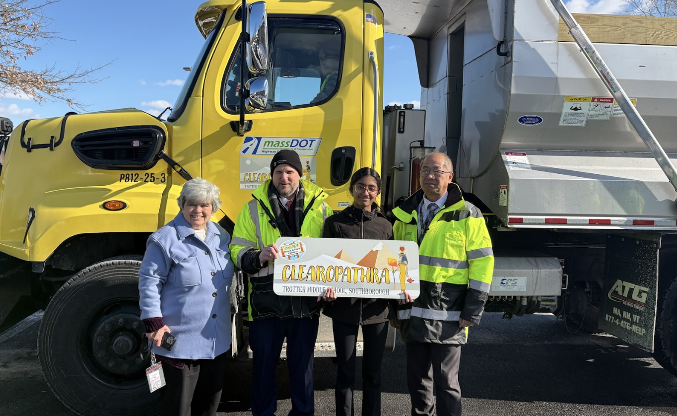 Last week, Mass DOT visited Trottier to present the new snowplow's name, ‘Clearopathra’. Abhaya Visak, an eighth-grader, submitted the name through the Massachusetts Department of Transportation’s (MassDOT) annual contest as part of her English class, taught by educator Mrs. Leone. Photo Credit: Principal Gray Hreschuk