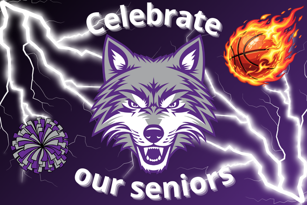 A fierce wolf mascot with purple and gray markings is featured on a dark purple background with white lightning bolts, a flaming basketball and a gray and purple pom pom
