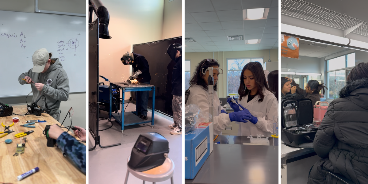 A collage of four photos of BBHS students working hands on in the WBL/CTE program thanks to the partnership with RVCC.