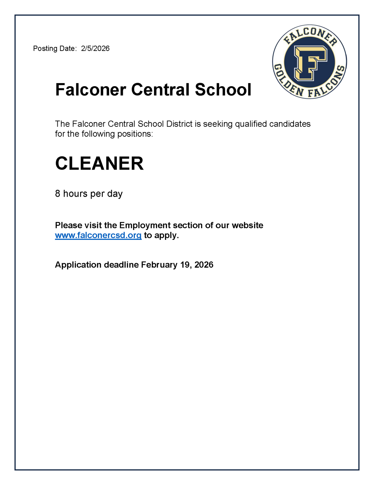 Job posting for a Cleaner position at Falconer Central School, with application deadline February 19, 2026.