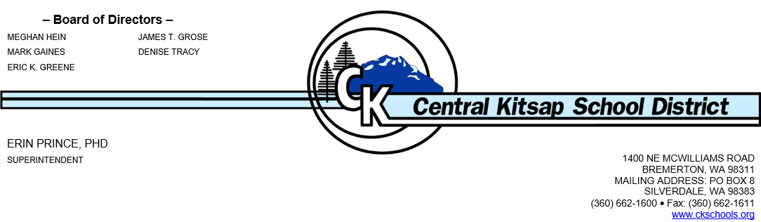 District letterhead: Board of Directors: Eric K. Greene, Mark Gaines, James Grose, Meghan Hein, Denise Tracy. Erin Prince, Superintendent.