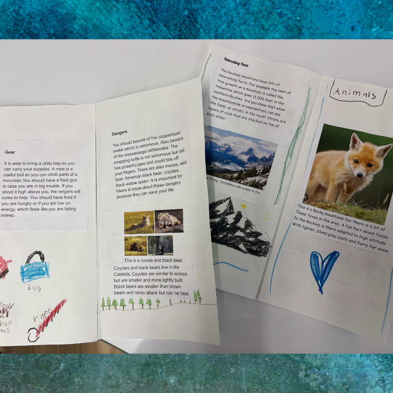 A tri-fold brochure with handwritten text and drawings about mountain gear, dangers, and animals.
