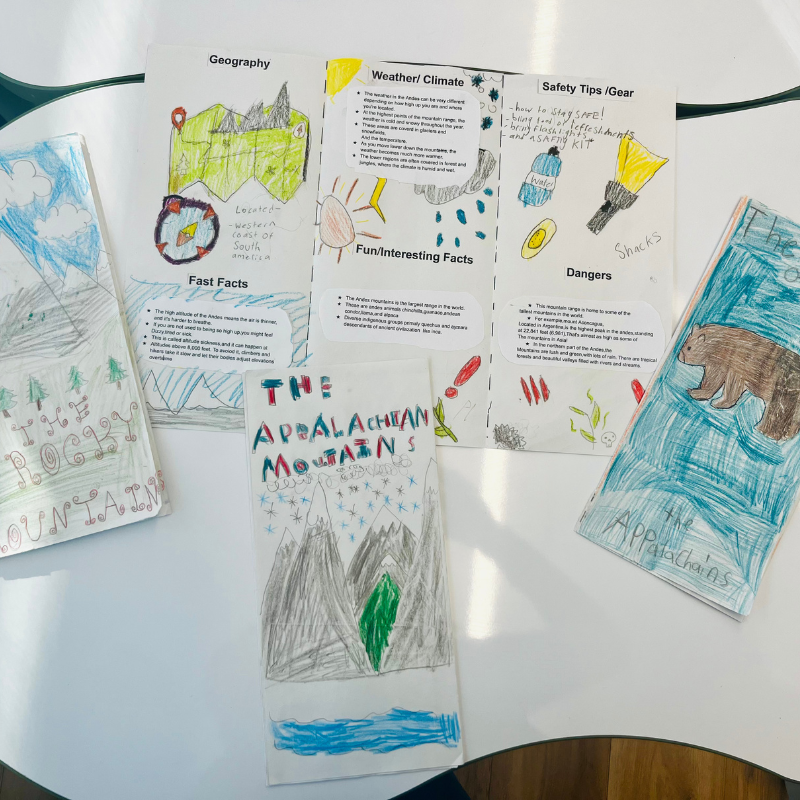 Three colorful handmade posters about mountains, including the Appalachian Mountains, are displayed on a table.