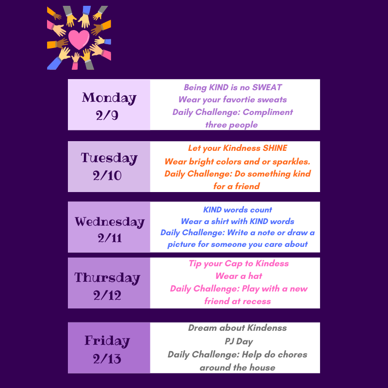 A weekly schedule for Kindness Week, featuring daily themes and challenges from Monday to Friday.