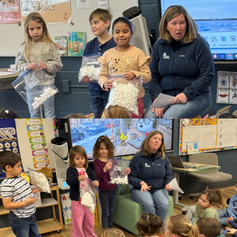 Children hold bags of cotton balls while a teacher instructs them in a classroom.