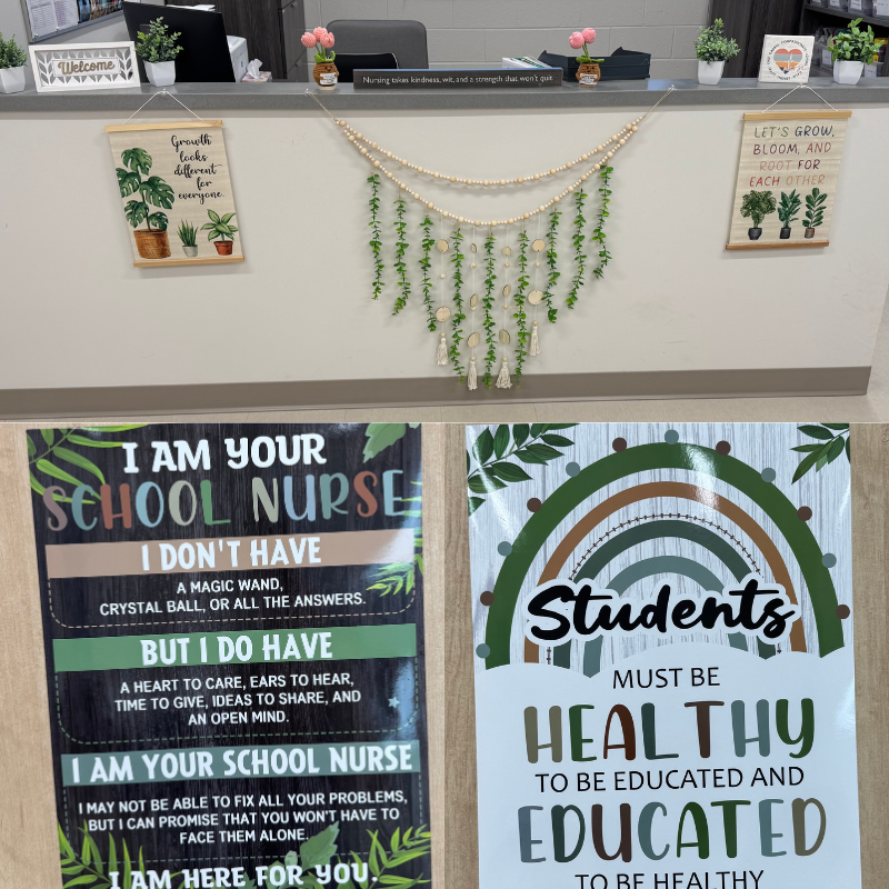 A school nurse's office decorated with motivational posters about growth, plants, and student well-being.